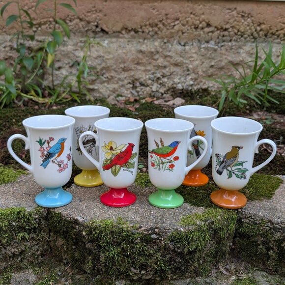 Vintage 60s 70s Irish Coffee Mug Set of 6 Made in Japan Bird Hot Toddy Glass Set - Picture 1 of 8
